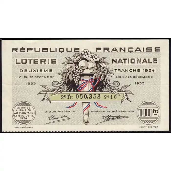 1934 – Loterie Nationale – 2e tranche – Etat TTB