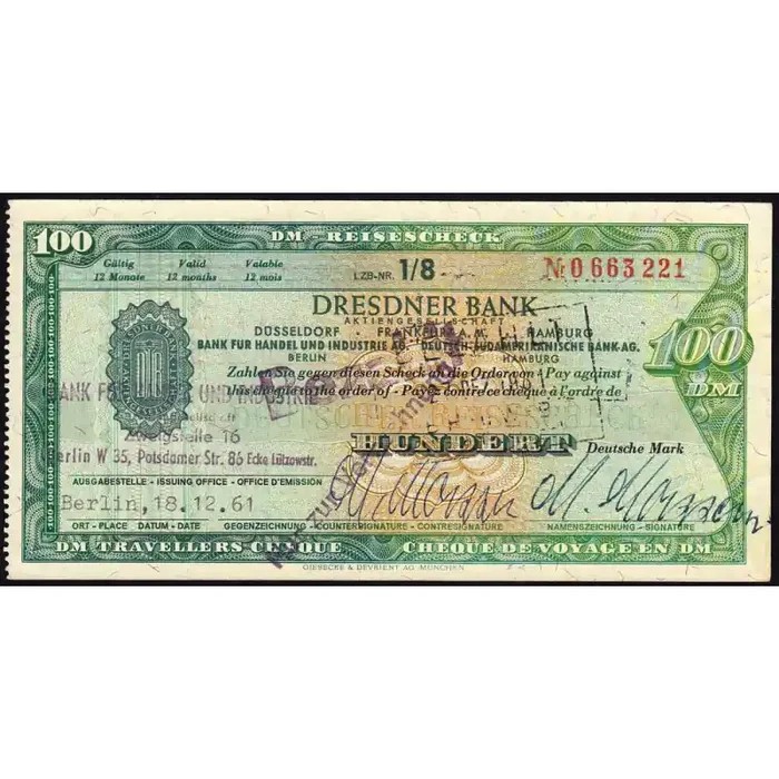 Allemagne RFA – Chèque Voyage – Dresdner Bank – 100 DM – 1961 – Etat SUP