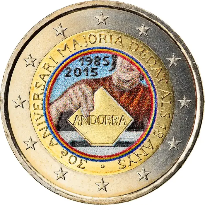 Andorra, 2 Euro, 30 Years of Political Rights 2015 – Colourized – MS(63)