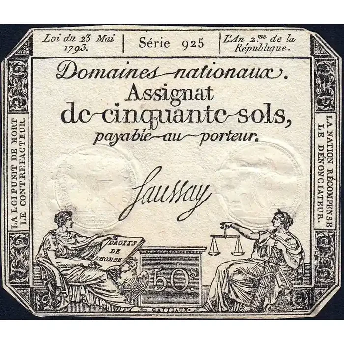 Assignat 42b – 50 sols – 23 mai 1793 – Série 925 – Filigrane républicain – Etat SUP