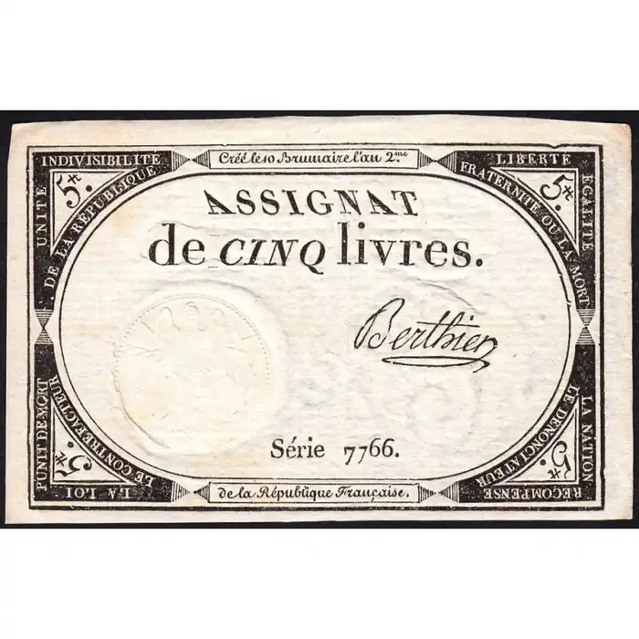 Assignat 46a – 5 livres – 10 brumaire an 2 – Signature 14- Etat SUP+