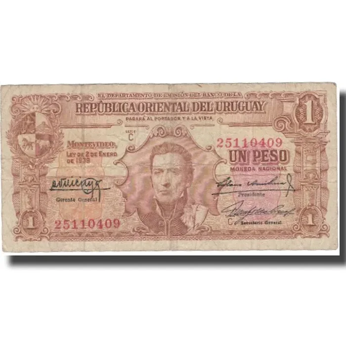 Banknote, Uruguay, 1 Peso 1939 – 1939-01-02 – KM 35b – VF(20-25)