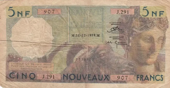 Billet Algérie 5 NF – Bacchus – 18-12-1959 – Série J.291