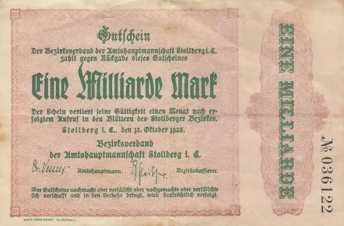 Billet Allemagne 1 Milliard de Mark – Etat de Stollberg – 1923