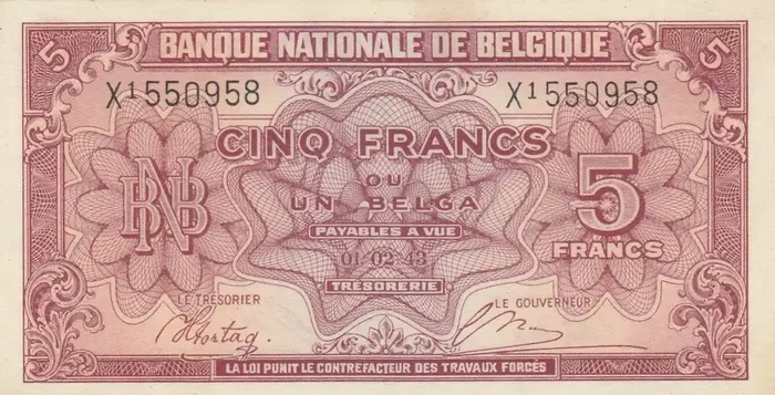Billet Belgique 5 Francs 1943 – Rouge – Série X1