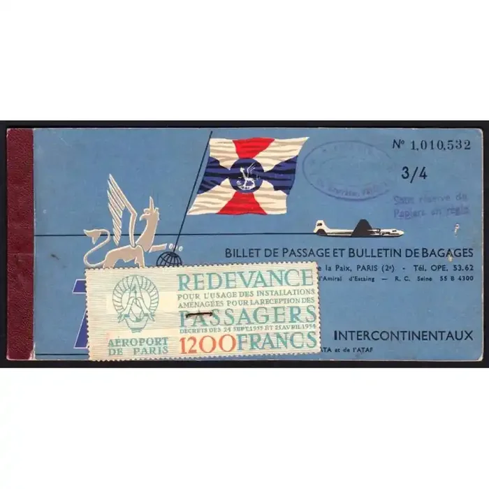 Billet de Passage – Compagnie T.A.I. – Redevance 1200 francs – 1955 – Etat TTB