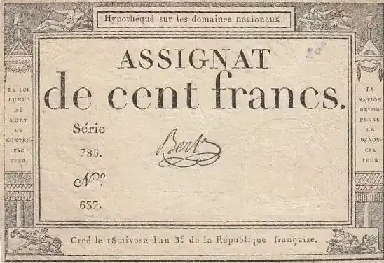 Billet France 100 francs – 18 Nivose An III – 1794 – Sign. Bert – Série 785