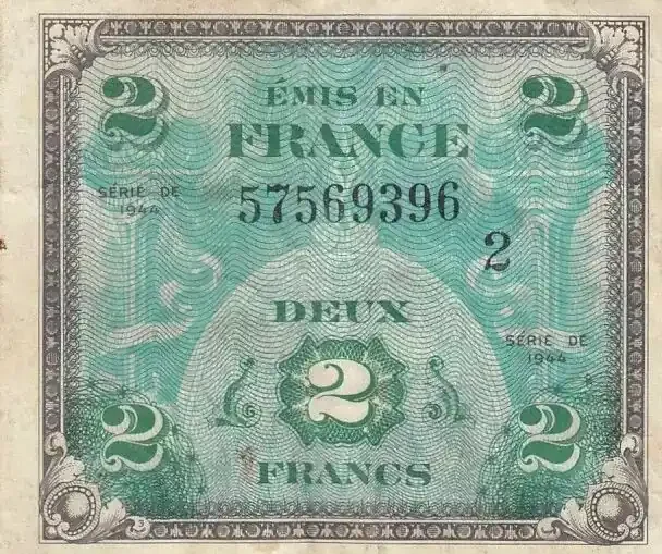 Billet France 2 Francs Impr. américaine (drapeau) – 1944 – Série 2 – TTB