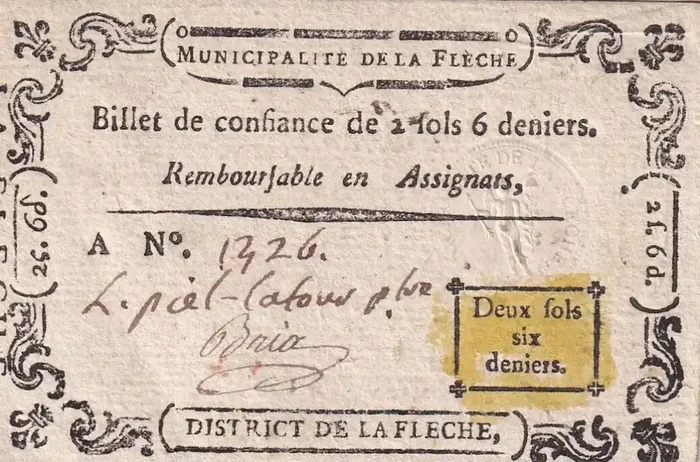 Billet France 2 Sols 6 Deniers – Sarthe – Municipalité de la Flèche – Série A – 1791