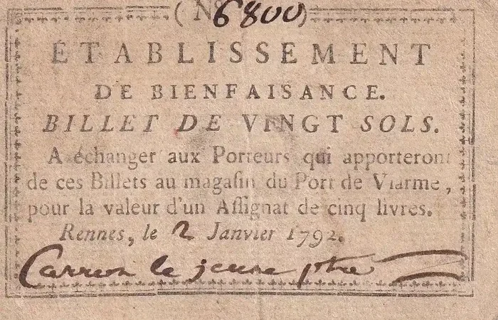 Billet France 20 Sols – Ille et Vilaine – Rennes – Établissement de Bienfaisance – Janvier 1792