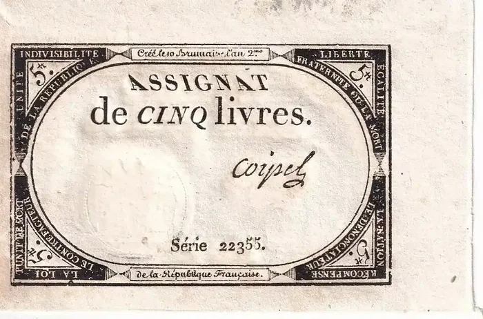 Billet France 5 Livres – 10 Brumaire An II (31.10.1793) – Sign. Coipel – Série 22355