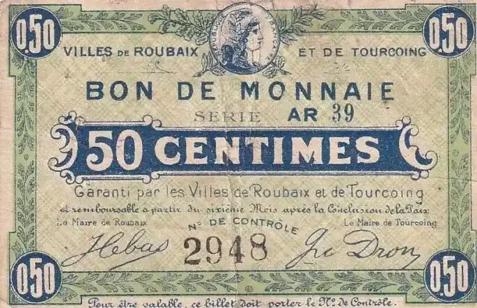 Billet France 50 Centimes – Ville – Roubaix-Tourcoing – Série AR39