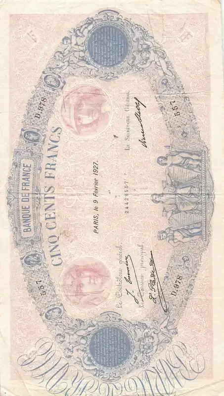 Billet France 500 francs – Rose et Bleu – 09-02-1927 – Série D.978