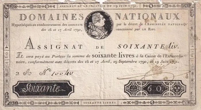Billet France 60 Livres Louis XVI – 19-06-1791 – Sign.. Niel