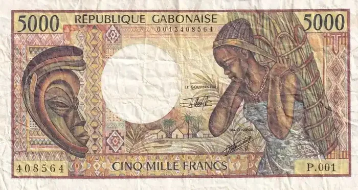 Billet Gabon 5000 Francs masque, jeune femme – 1983-1991 – Série P.001-408564