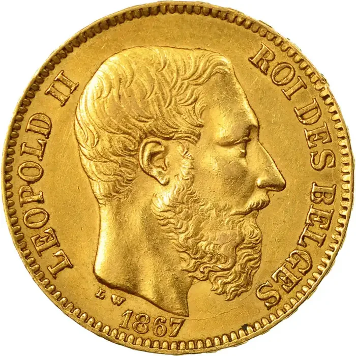 Coin, Belgium, Leopold II 20 Francs – 20 Frank – 1867 – Brussels – AU(50-53) – Gold