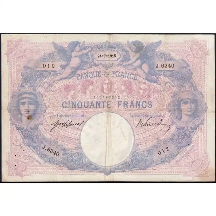 F 14-28 – 24/07/1915 – 50 francs – Bleu et rose – Série J.6340 – Etat TTB-