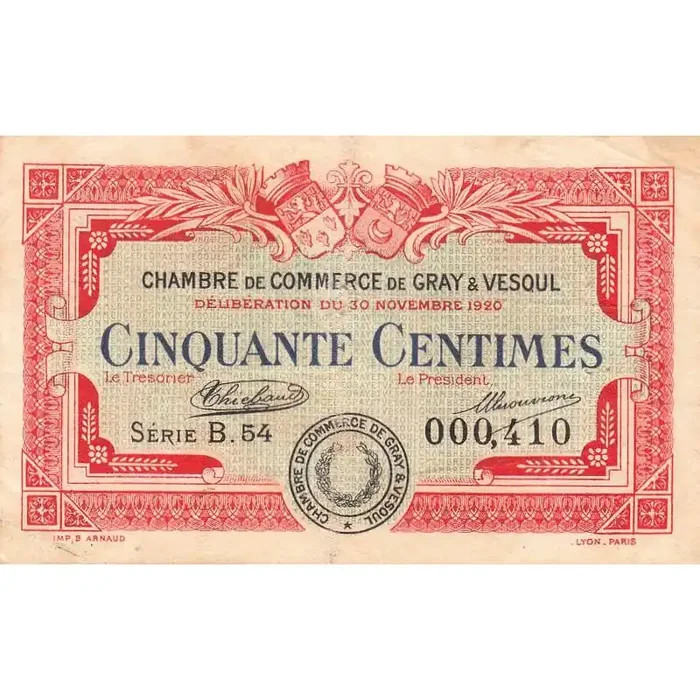 Gray & Vesoul – Pirot 62-15 – 50 centimes – Série B.54 – 1920 – Etat TB