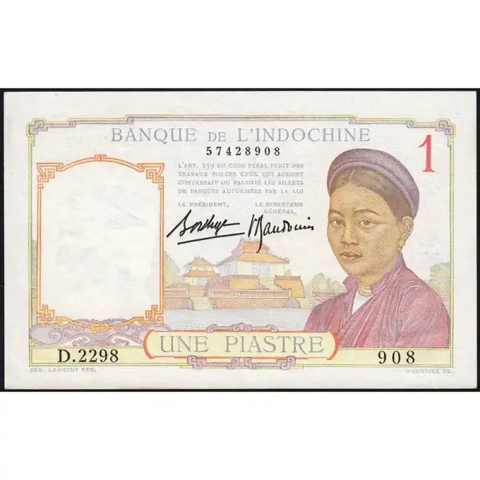 Indochine Française – Pick 54b – 1 piastre – Série D.2298 – 1937 – Etat SPL+