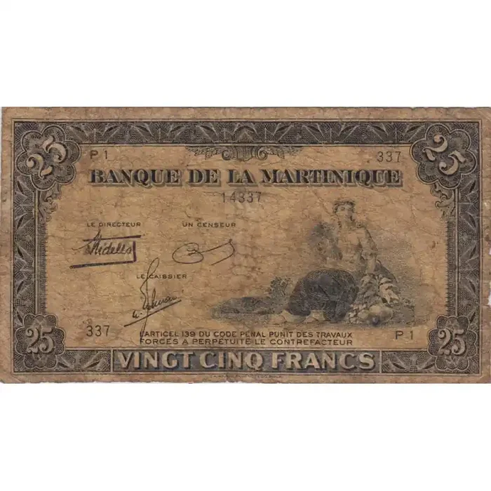 Martinique – Pick 17-1 – 25 francs – 1943 – Etat B